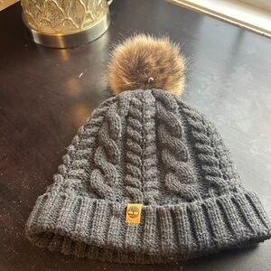 Timberland Charcoal Cable Knit Beanie with Brown Pom-Pom